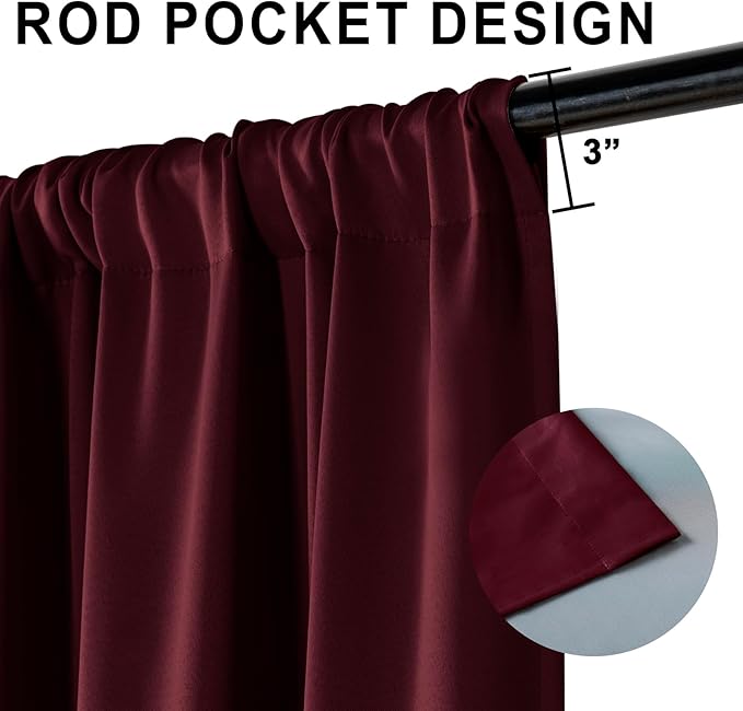 XWZO 100% Blackout Curtain Panels- Rod Pocket Thermal Insulated Black Liner Curtains, Noise Reducing and Heat Blocking Drapes for Hall and Studio Windows with Tiebacks, Burgundy, W70 x L84, Set of 2