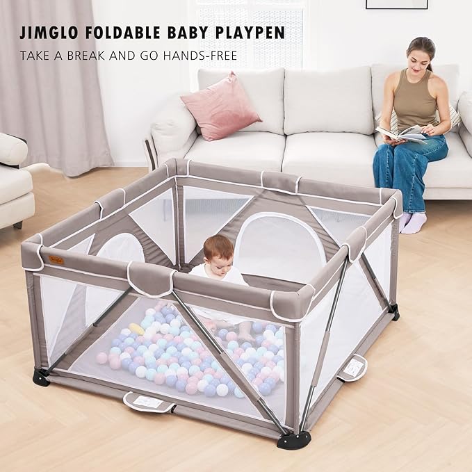 Baby Playpen Foldable, Playard for Babies and Toddlers, Portable Playpen Activity Center with 50 Balls+2 Handles for Travel, Indoor & Outdoor Play Pen with Mesh 59''x71''