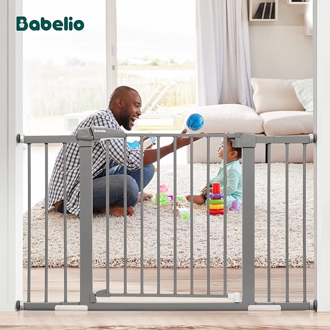 Babelio Metal Baby/Pet Gate, 29-48'' Auto Close Easy Install, Extra Wide Walk Thru for Child Safety, Pressure Mounted Dog Door for Doorways & Stairs, with Y Spindle Rods, Grey