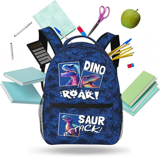Dinosaur Backpack for Kids Boys Girls, ROAR! DINO SAUR ATTACK! Cartoon Dinosaur Pattern School Bag, Lightweight Ergonomic Durable Bookbag for Age 5-12, Ideal for School Outdoor Travel Daypack