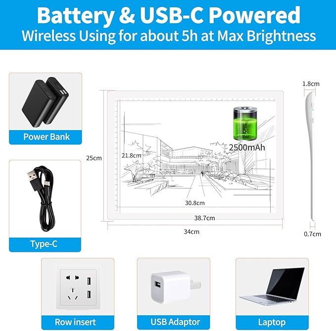 A4 Rechargeable Light Pad with Carry Bag, KOBAIBAN Wireless Magnetic Tracing Light Box, 5-Level Brightness LED Light Board, Cordless Battery Powered Light Drawing Table for DIY Diamond Painting(White)