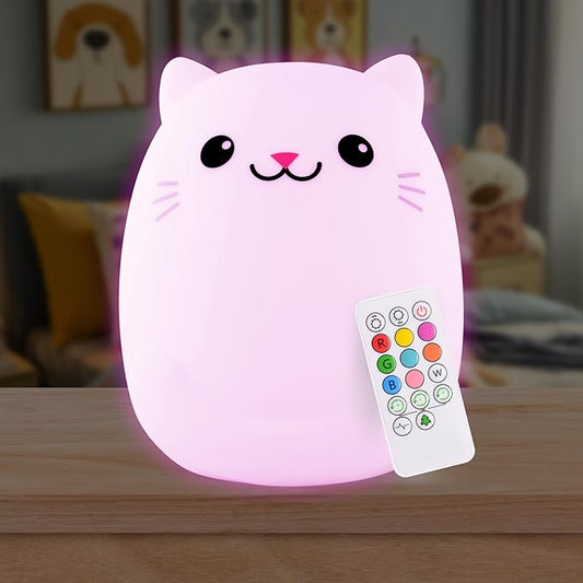 Lumipets Remote Control Silicone Night Light for Kids - Cat Design with 9 Soft Colors & Sleep Timer - Rechargeable, Battery-Operated Lamp for Bedroom | Baby Nursery, Toddler, Girls, Boys