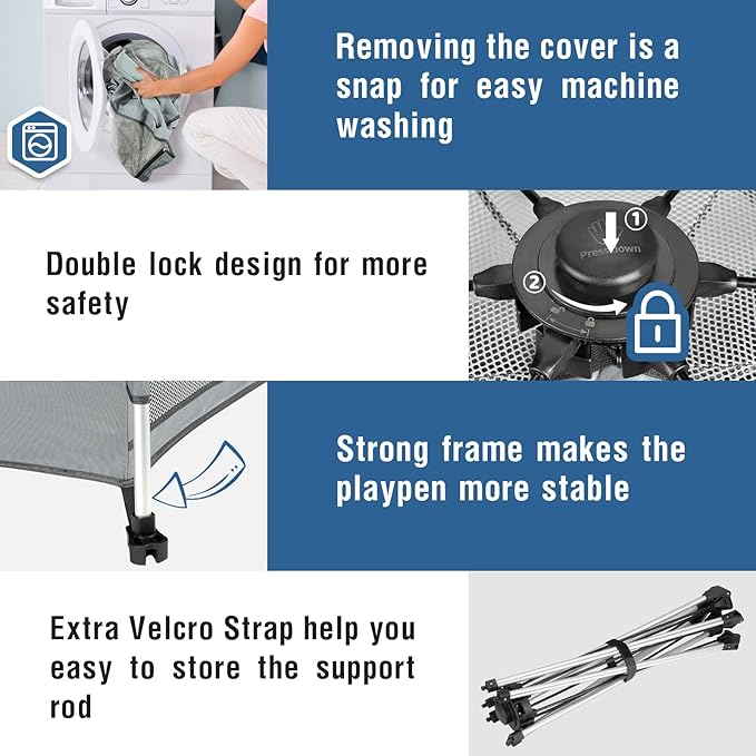 PRObebi Portable Pop Up Playpen for Babies and Toddlers - Grey Lightweight Outdoor Play Yard with Three Sun-Shade - Beach and Indoor Use with Travel Bag