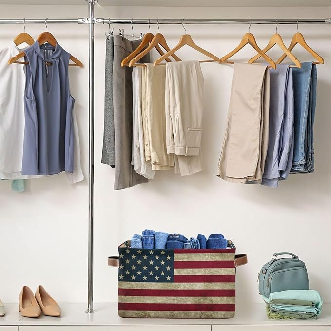 Storage Basket Bin Vintage Retro American Flag Organizer Basket Collapsible Shelf Basket Cube with handle for Nursery Bedroom Bathroom, one sizex1