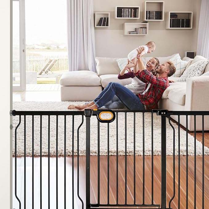 Owlie Baby Gate with Door 66-75 Inch, Extra Wide Stair Gates for Kids Adjustable Wide Dog Pet Gate Stairway Large Baby Gates Pressure Mount for Pets for House Stairway Doorway Black (30.5'' Tall)