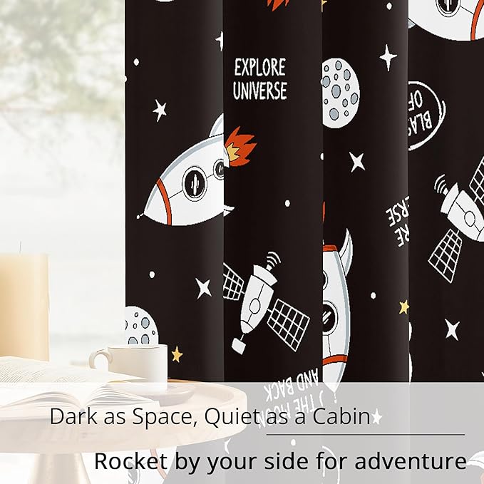 Kids Space Rocket Blackout Curtains - 100% Blackout, Thermal Insulated, Noise Reducing, Perfect for Kids Room and Nursery, 2 Panels (Blast-Off Moon Mission, W52×L84)