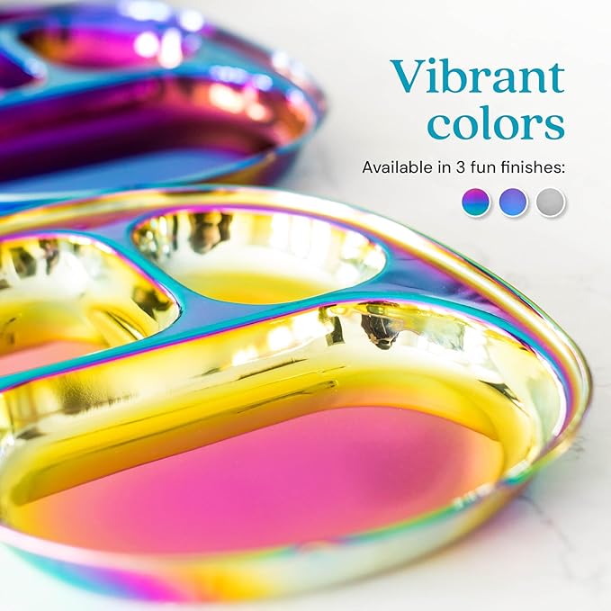 Ahimsa Stainless Steel Kids Plates - Divided Toddler Plates, Pediatrician Designed, Non Toxic Toddler Plate, BPA Free & Dishwasher Safe (Rainbow Single)
