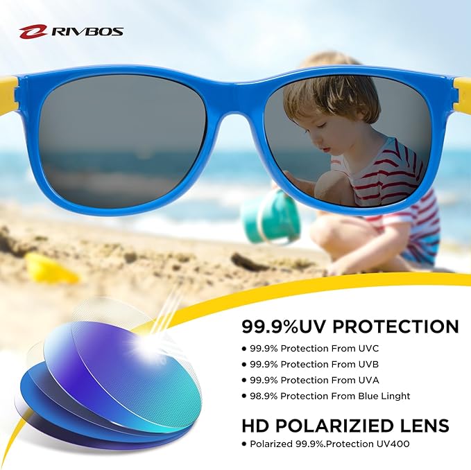 RIVBOS Kids Sunglasses Polarized UV Protection Flexible Rubber Glasses Shades with Strap for Boys Girls RBK004