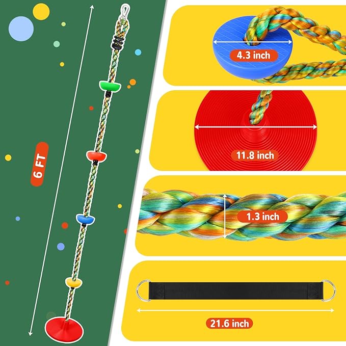 Tree Swing Climbing Rainbow Rope, Heavy Duty Swing Disc Seat Replacement for Kids with Hanging Strap and Platform Carabiners Indoor/Outdoor Playground Accessories (Red)