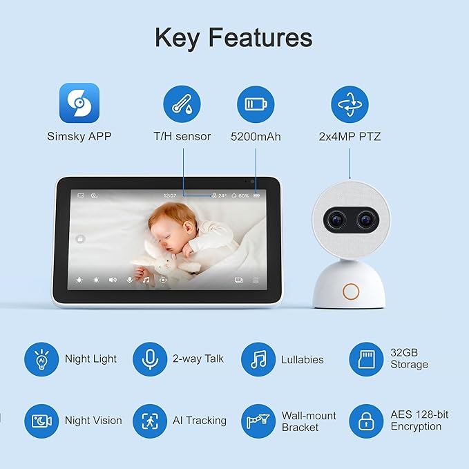 Simsky Video Baby Monitor, Dual 4MP Cameras with 6X Zoom, 7" UHD Large Touch Screen Smart Portable Audio Monitor, 24/7 Recording in app, AI Tracking, Intelligence Detection, 32GB Local Storage