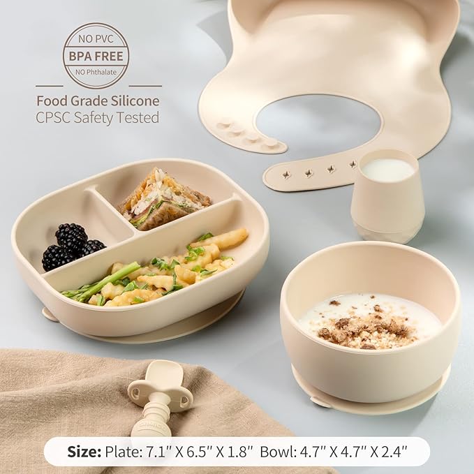 SAMiGO Silicone Baby Feeding Set, Suction Plate Bowl Set, Self Feeding Spoons, Bib, Cup, Baby Led Weaning Supplies, First Stage Feeding Essentials, Food Eating Utensils, 6+ Months