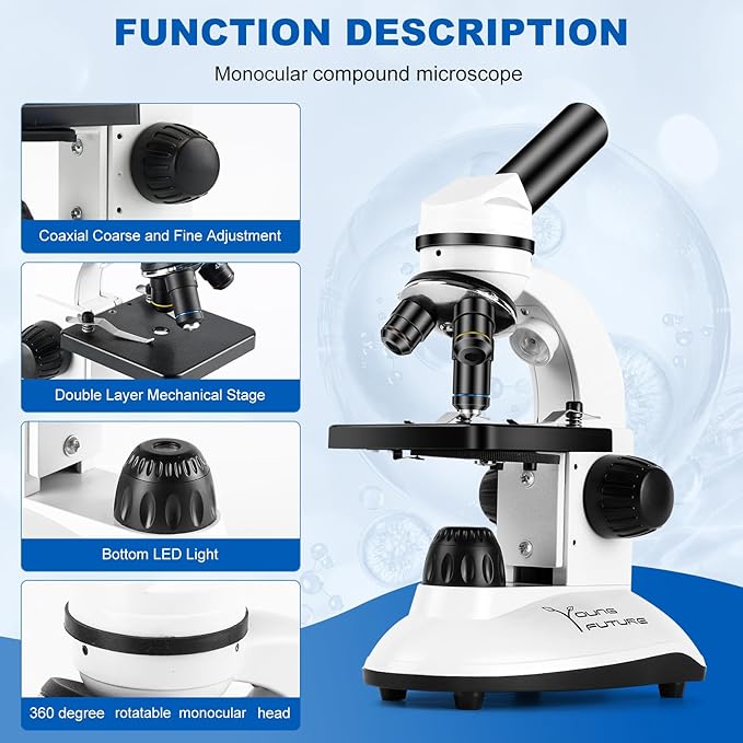 Microscope for Adults and Kids, Science School Laboratory Home Education Biology, 40-2000X High Definition,Easy to Operate,with Phone Holder 10 Specimen Slides 100 Coverslips and Bag for Student
