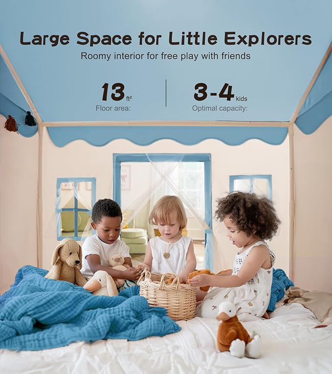 Play Tent with Mat, Star Light Large Kids Playhouse with Windows Easy to Wash, Indoor and Outdoor Play Tents for Kids, Little Dove Toys for Girls, Boys, 47x40x52 (Blue Playhouse, Large Size)