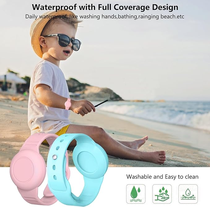 Waterproof Airtag Bracelet for Kids,2 Pack Hidden Airtag Wristband Kids,Anti-Lost Silicone Apple Airtag Holder Case for Toddler,Air tag Case Cover Watch Band GPS Tracker for Child-Pink+Teal