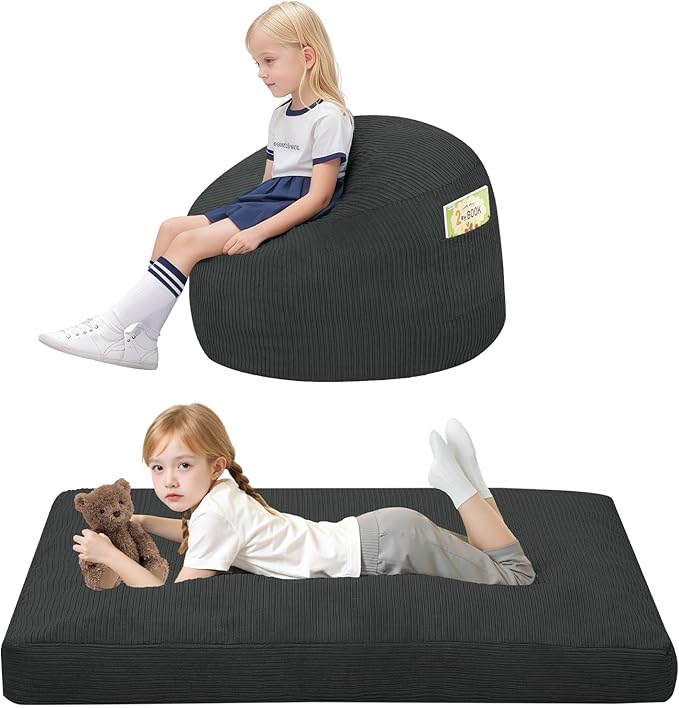 COMAX Bean Bag Chair for Kids 8-12, Toddler Beanbag Bed Corduroy, Convertible Child Bean Chair to Floor Mattress with Filler, Kid Reading Comfy Lounge Couch for Boys and Girls Bedroom, Dark Grey