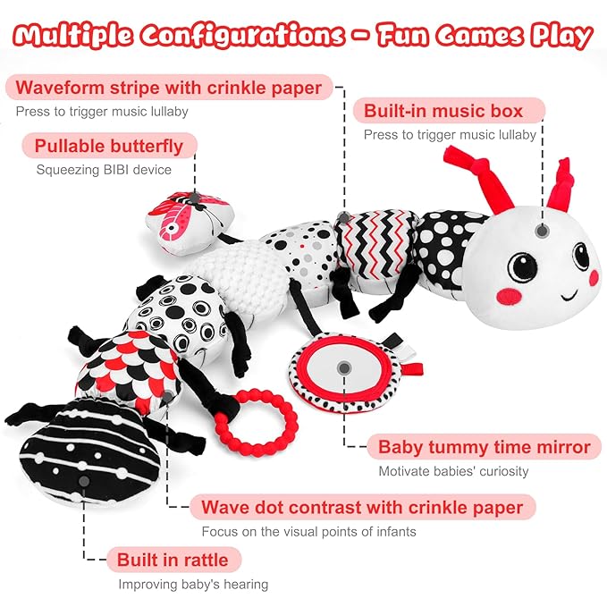 Baby Toys 0-12 Months - Musical Caterpillar Stuffed Animal Soft Plush Toys for Infant Girls Boys 3 6 12 Months Tummy Time Sensory High Contrast Black White Newborn Toys Gifts, W/ Mirror Rattle