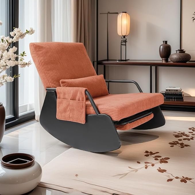 Rocking Chair for Nursery, Modern Upholstered Plush Seating Glider Recliner Chair with High Backrest and Side Pocket, Accent Armchair with Cushions for Living Room/Reading (Burnt Orange)