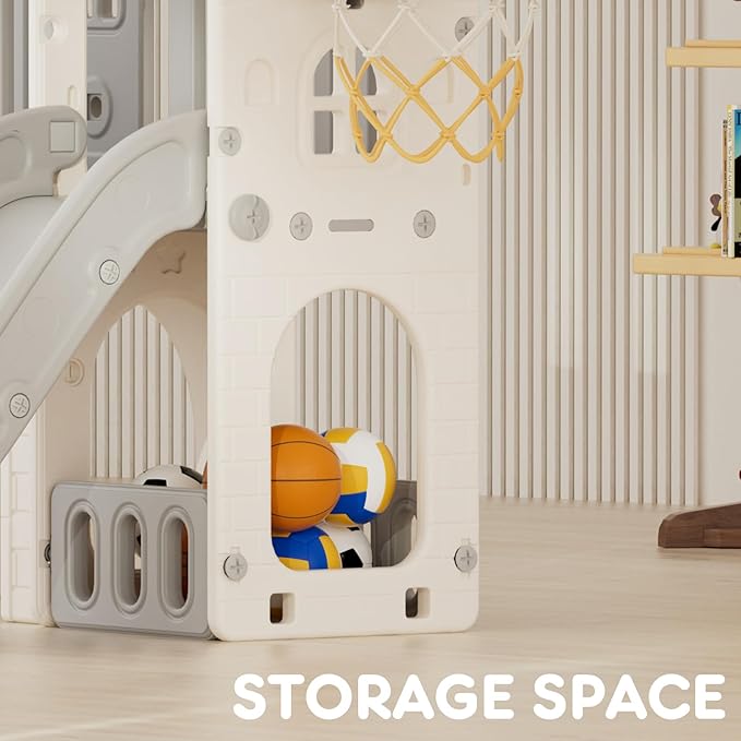 YUFU 8 in 1 Toddler Slide Set, Kids Slide for Toddlers Age 1-3, Toddler Playset with Climber, Basketball Hoop and Ball, Outdoor Indoor Playground for Toddlers 1-3 (Beige+Gray)