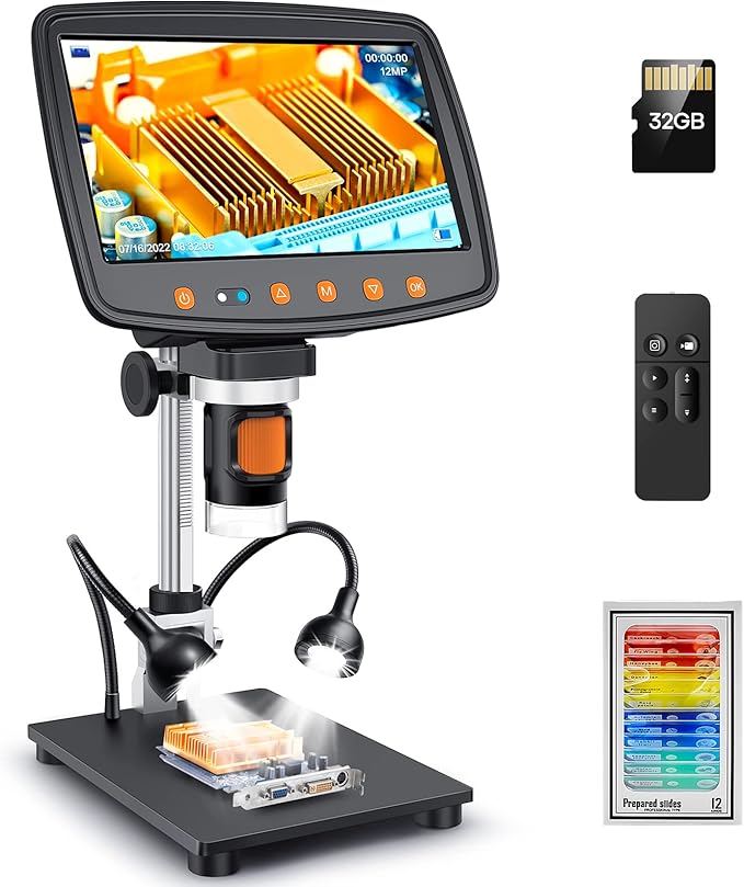 Digital Microscope with 7" LCD Screen,1500X Magnification Soldering Microscope with HDMI,Coin Microscope with 12MP Image Sensor,Windows/Mac/TV Compatible（32GB Card）
