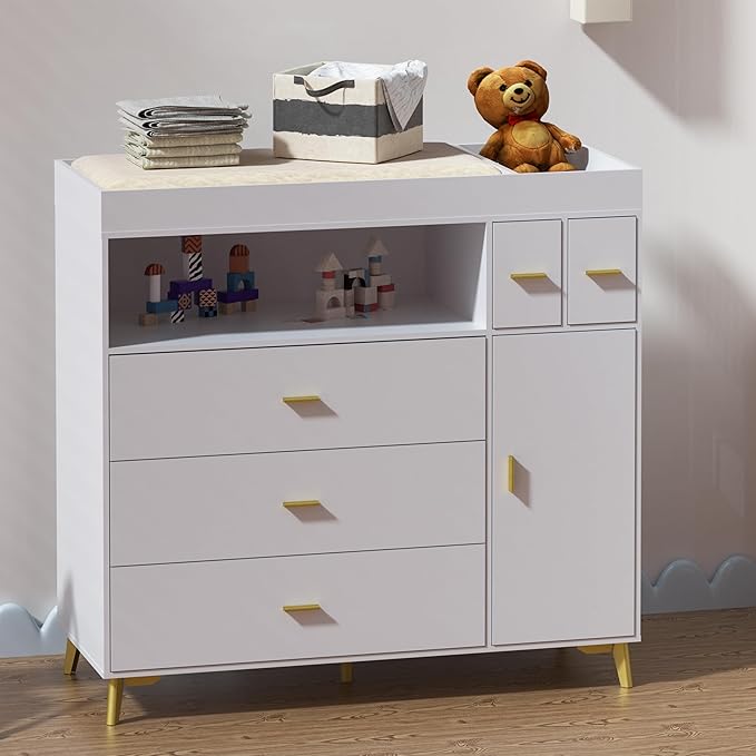 PakaLife Changing Table with Drawers, White Drawer Dresser,Changing Table Dresser with 5 Drawer & Cabinet…