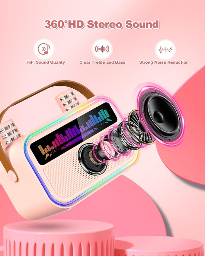 Kids Karaoke Machine for Girls, Kids Toys Gifts for Age 3-12+, Portable Bluetooth Speaker with 2 Wireless Microphones, Toddler Singing Karaoke for Birthday, Family, Home Party (Pink)