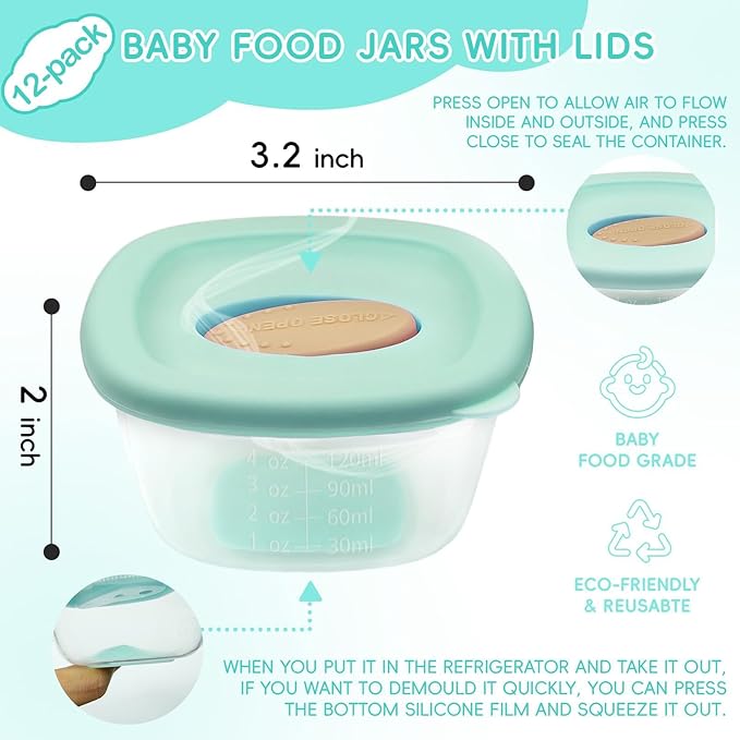 Leak-Proof Baby Food Storage Containers 12-Pack - 4oz BPA-Free Freezer & Microwave Safe Food Jars with Airtight Lids for Infants, Travel, Nurseries