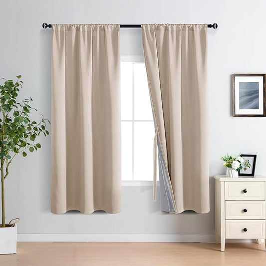 XWZO 100% Blackout Curtains 63 Inches Long Rod Pocket Thermal Insulated & Room Darkening Black Liner Window Treatment with Tiebacks for Bedroom/Living Room, Biscotti Beige, W42 x L63, Set of 2