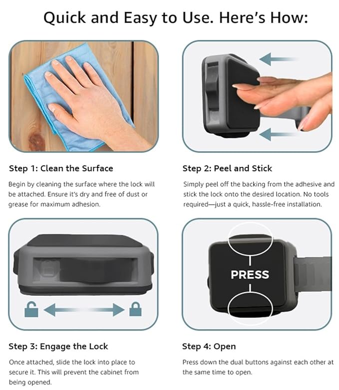 Cabinet Locks Baby Proofing (6-Pack Black) - Child Proof Cabinet Locks, No Drilling, Easy Installation, Adjustable & Reusable, Drawer Locks Baby Proofing