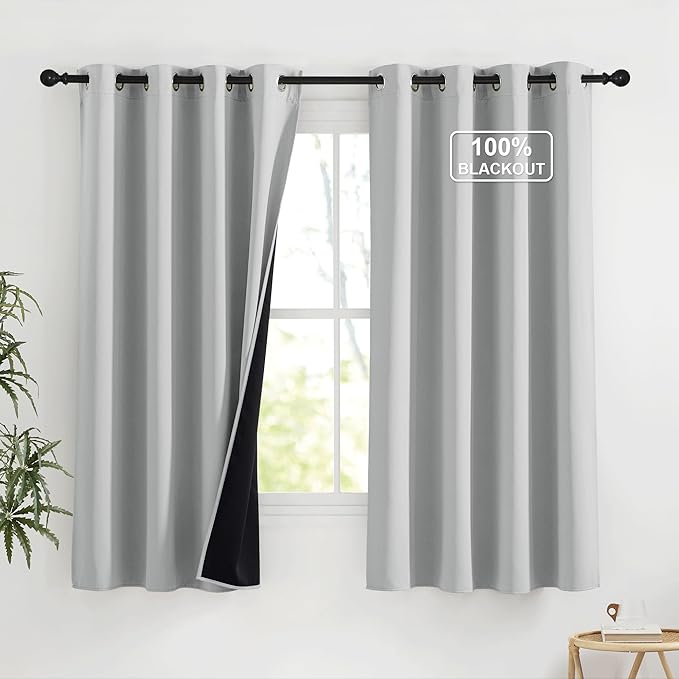 NICETOWN Blackout Curtains for Kitchen, Thermal Insulated Short Curtains for Living Room Window Blinds, Grommet Room Darkening Smart Plylux Curtians for Bedroom, 52 x 63 inch, 1 Pair, Silver Grey