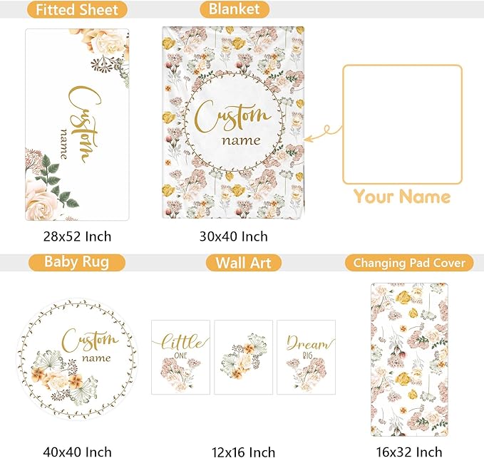Personalized Baby Crib Bedding Set, 5 Pcs Custom Name Nursery Bedding Set, Yellow Flower Baby Bedding Set for Girl Boy, Double Layer Baby Crib Sets, Customized Gifts for Toddlers Kids Infants