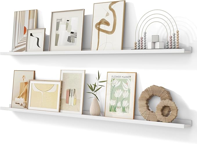 Picture Ledge Shelf, 72 inch Solid Ash Wood Floating Shelves Set of 2, Picture Ledge Ledge Wall Mounted for Living Room Kids' Room Bedroom, Color White