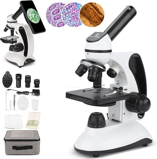 BNISE Microscope kit for Kids Adults Students, 40X-2000X Magnification, Prepared Slides Kit, Dual LED Illumination, All Glass Optics, and Cordless Capability for Children Beginner