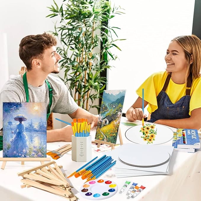 12 Pack 8x10” Canvas Boards and Round Canvas for Painting, Couple Painting Kit with Wood Easel, Acrylic Paint, Paint Brushes Set for Kids Teenagers Adults Date Night Sip and Paint Party