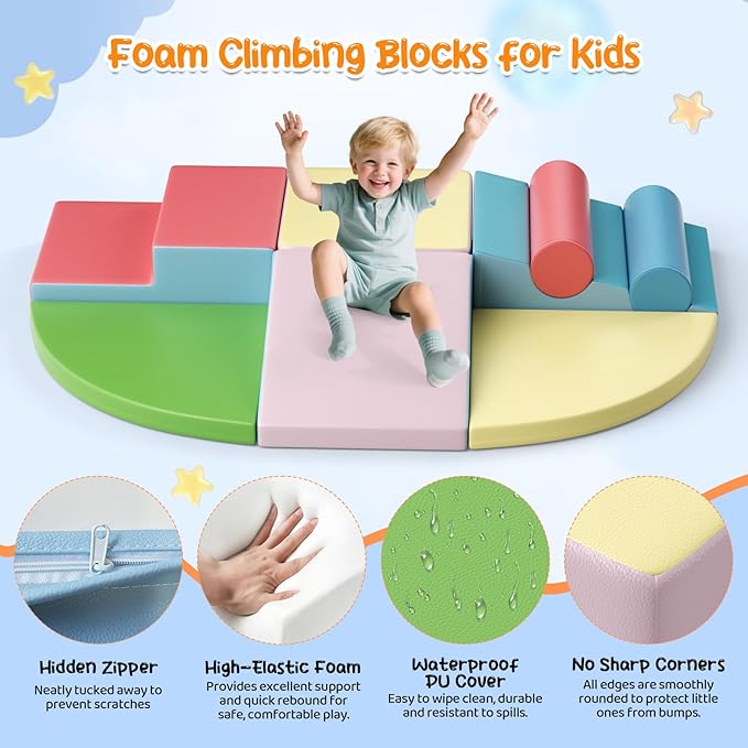 Lischwert Foam Climbing Blocks for Toddlers 1-3, 8pcs Soft Play Set with Crawling Exploration Toys, Indoor Outdoor Infant Safe Blocks for Baby Gym Toddler Playground