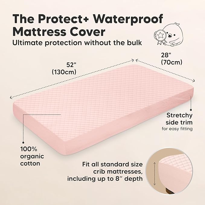 Waterproof Crib Mattress Protector Cover Fitted - 2-Pack Quiet Baby Crib Mattress Pad Sheets, 52" x 28" Soft Quilted Cotton Baby Sheet, Machine Washable, Easy Fit, Durable (Mist Rose/Quin)