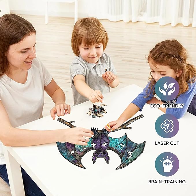 Wooden Puzzles for Adults,Stained Glass Bat Puzzles -Animal Wooden Puzzles,Unique Irregular Fun Challenging Jigsaw Puzzles Gifts，Perfect Family Games,11.2 * 10.6inch