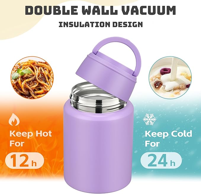 Soup Thermo for Hot Food Kids 16oz Insulated Food Jar Leakproof Thermo Lunch Container for Kids Wide-Mouth Stainless Steel Lunch Box for School with Handle Folding Spoon(3+)
