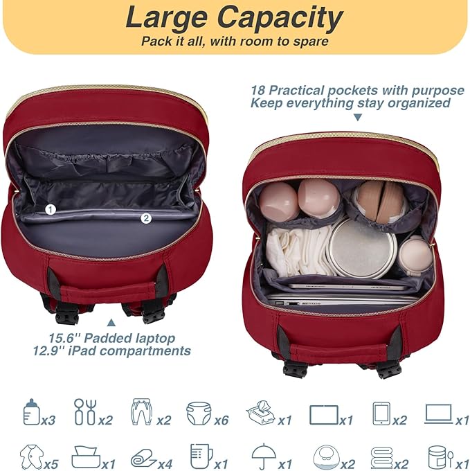 MOMUVO Diaper Backpack for Women Large Capacity with Insulated Pockets Diaper Bags For Baby,Burgundy