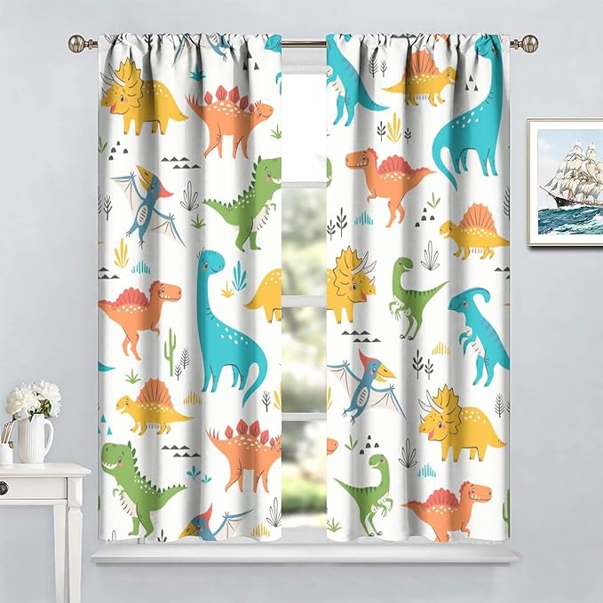 Kids Dinosaur Curtains for Boy Girl Bedroom Decor Cartoon Dino Colorful Cute Funny Animal Wildlife Printed Blackout Rod Pocket Window Drapes for Baby Nursery Playroom Living Room W36xL63in 2 Panels