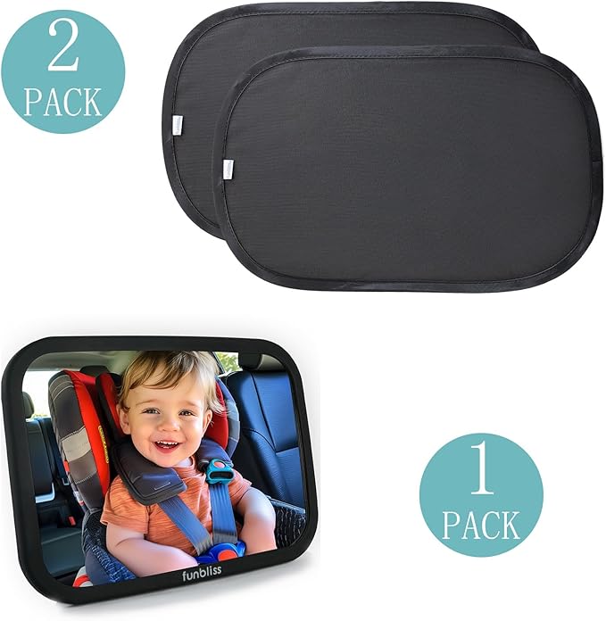 Funbliss Bar Mirror for Baby + 2 Pack Car Window Shades Bundle (19″ × 12″), UPF 50+ Window Shade for Baby in Car, 360° Rotation Fully-Adjustable Straps