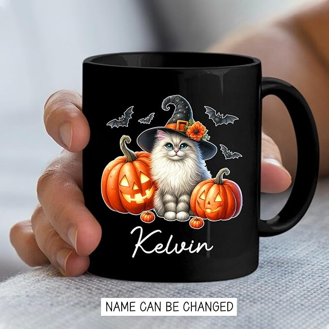 Personalized Turkish Angora Wearing Witch Hat Mug 11oz 15oz, Halloween Turkish Angora Coffee Cup with Custom Name, Cat Pumpkins Ceramic Mug for Halloween, Cat Pet Black Cup Gift for Pet Lover