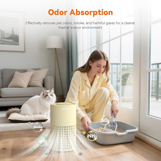 AIRROMI Air Purifier for Bedroom with HEPA Fet Filters, Pet Air Purifiers for Home Cat Pee Smell, Covers Up to 990Ft², Quiet 360° intake Air Cleaner for Allergies Dust Smoke Odor A2001 Yellow