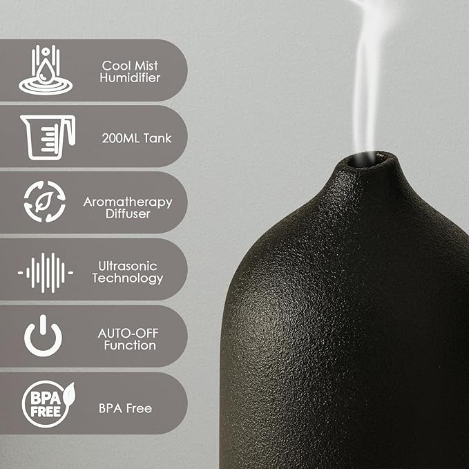 Diffuserlove Ceramic Diffuser Essential Oil Diffusers Aromatherapy Essential Oil Diffuser for Room Air Diffuser for Home Bedroom Stone Diffuser Black