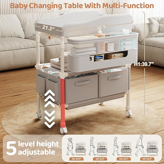 Baby Changing Table, Versatile Folding Changing Table with 2 Drawers, Portable Baby Diaper Changing Station with Toy Holder, Adjustable Height Mobile Nursery Diaper for Infant and Newborn