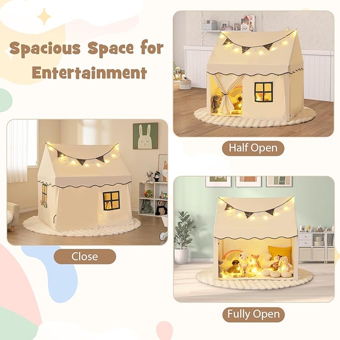 INFANS Kids Play Tent with Washable Mat Star Light Windows, Anti-Trip Large Playhouse Toys for Children Boys Girls, Indoor Outdoor Princess Tents Castle for Toddlers (Black- Wide Door)