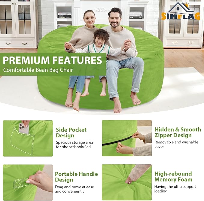 5FT Bean Bag Chair, Large Bean Bag Chairs with Memory Foam Filled, Fluffy Beanbag Sofa with Dutch Velvet Cover, Round BeanBag Chairs for Living Room, Playroom - Lime