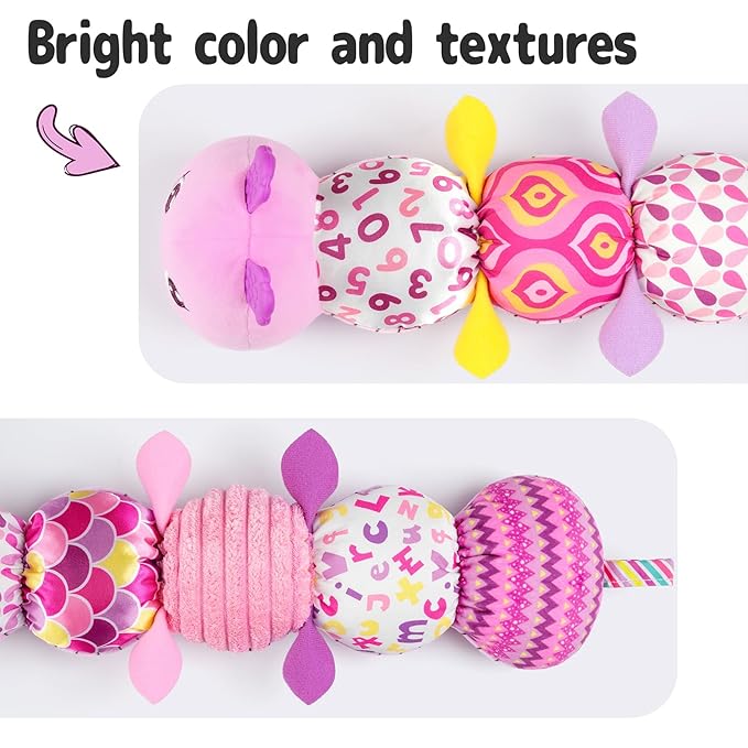 Infant Baby Musical Stuffed Animal Activity Soft Toys with Multi-Sensory Crinkle, Rattle and Textures for 0-3-6-12 Months Developmental Toys, Caterpillar, Purple