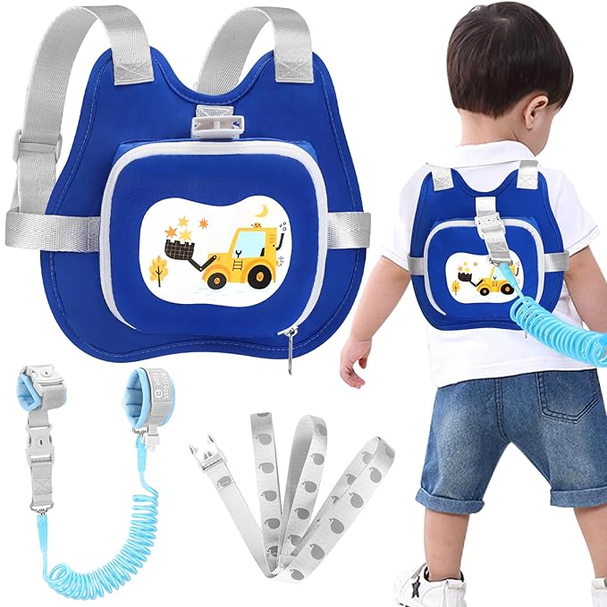 Accmor Toddler Harness Leash, Kids Cute Excavator Walking Harness Tether Wristband Assistant Strap Belt Protector for Baby Boys, Collapsible Child Leash + Anti Lost Wrist Link for Outdoor Travel Blue
