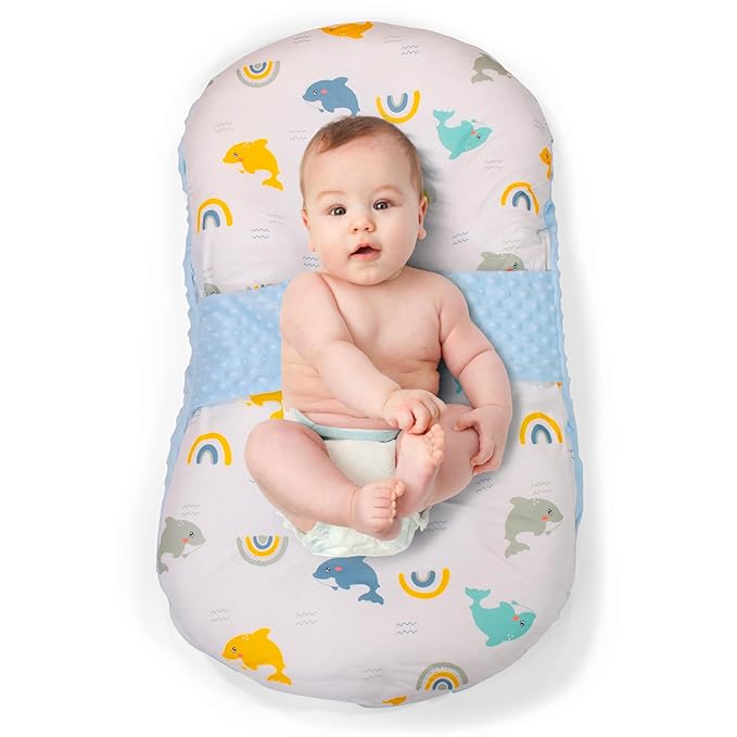 Baby Lounger for Newborns and Infants, Portable Lounger with Pillow & Foot Rest - 100% Cotton, Snug, Travel-Friendly, Breathable Fabric, Ideal for Cribs & Floor - Sprinta (Poly Snuggle)
