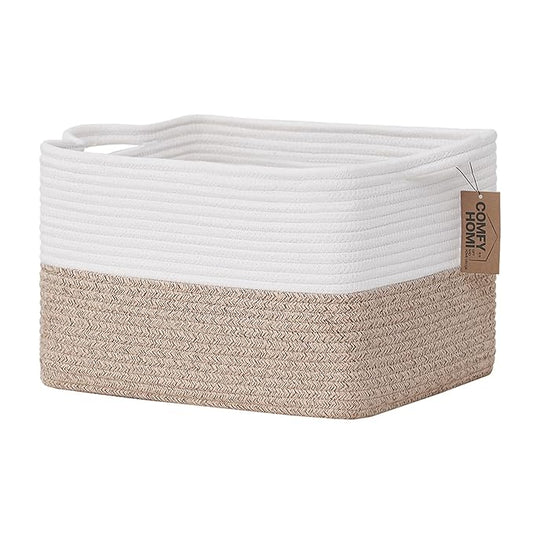 COMFY-HOMI Cotton Rope Woven Basket with Handles for Shelves,Toys,Book, Cloth Storage Baskets for Organizing-13.5" x 11" x 9.5" Toy Decorative Organizer for Living Room, Bathroom （White/Brown）